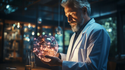 Fototapeta premium close up view of a male scientist in a protective suit holding a glass flask in a laboratory