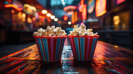 a striped red and white bucket of popcorn stands against the backdrop of a cinema hall, movie, food, day off, snack, fun, entertainment, pack, corn, fast food, film, cafe, lights, treat, bag, party - obrazy, fototapety, plakaty