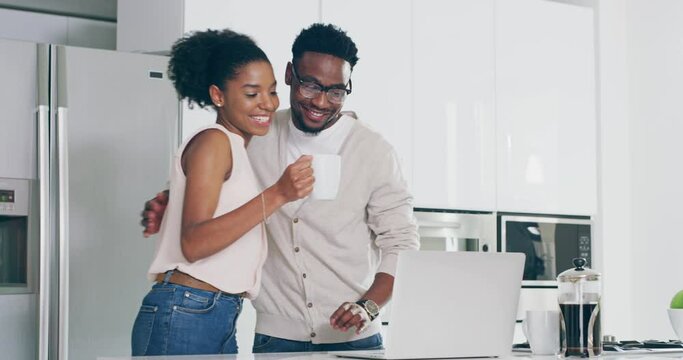 Laptop, online payment and couple in kitchen for financial bills, insurance approval and internet banking. Marriage, happy and man and woman on computer for home loan application, finance and budget