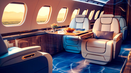 The inside of airplane with two seats and table with bowl of fruit on it.