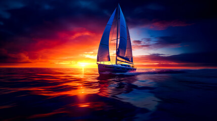 Sailboat is sailing in the ocean during beautiful sunset or sunrise. - Powered by Adobe