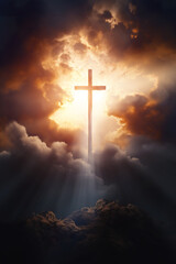 holy cross on mountain at clouds background, christianity and religion concept, jesus christ crucifixion on golgotha 