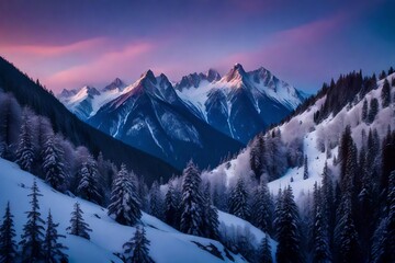 sunset in the mountains, Dark mountain silhouettes on a winter day. The mountains rise like ancient titans, their jagged peaks cutting through the crisp, cold air