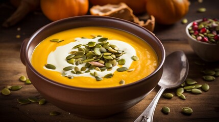 a steaming bowl of creamy butternut squash soup, garnished with roasted pumpkin seeds.