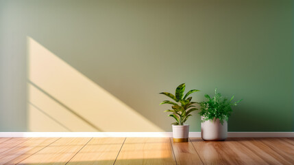 Three potted plants on wooden floor in front of green wall.