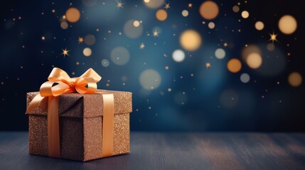 Holiday gift box with orange ribbon on bokeh background with copy space - obrazy, fototapety, plakaty