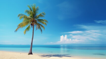 A striking image of a solitary coconut palm tree on a serene beach, under the brilliance of a clear blue sky, exemplifying the essence of the tropics. - Powered by Adobe