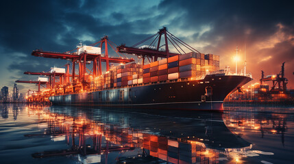 Obraz premium container ship and port in night, logistics and logistics concept.