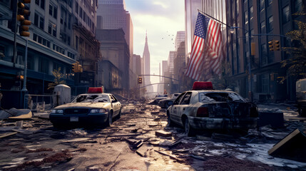 City street filled with lots of traffic next to tall buildings and american flag. - obrazy, fototapety, plakaty