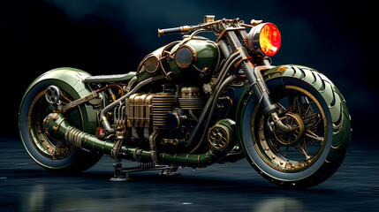 Green and gold motorcycle with red light on it's headlight.