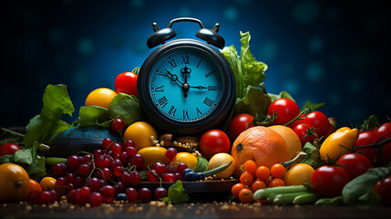 composition with clock of fruits and vegetables
