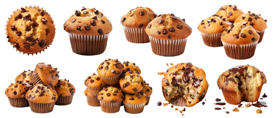 Plain muffin muffins with chocolate chips on transparent background cutout, PNG file. Many assorted different design angles. Mockup template for artwork - obrazy, fototapety, plakaty