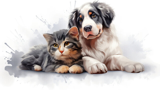 Portrait of a Bernese mountain dog and a kitten on a white background.