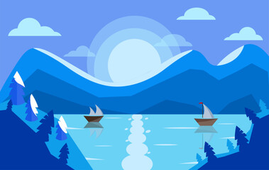 Vector winter landscapes with mountains and ships