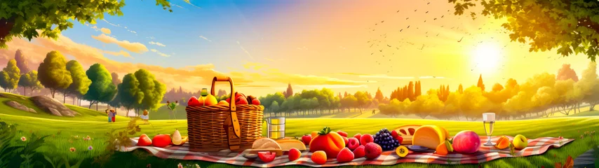Gordijnen Picnic scene with basket of fruit and bottle of orange juice. © Констянтин Батыльчук
