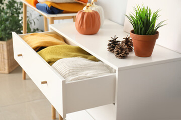 Fototapeta na wymiar Chest of drawers with warm clothes and autumn decor in room
