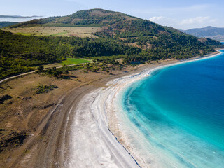 Turquoise waters and white mineral rich beach of Lake Salda, Burdur.	