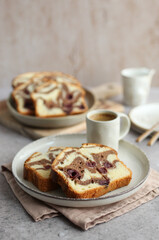 Cherry Chocolate Marble Cake. Cup of coffee. Delicious easy dessert.
