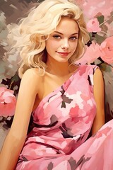 Obraz na płótnie Canvas illustration of beautiful young blonde woman on pink background with flowers, fashionable stylish female, in style of pinky glamour