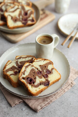 Cherry Chocolate Marble Cake. Cup of coffee. Delicious easy dessert.