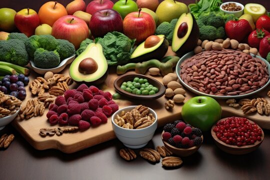 Knolling of high fiber foods : Walnuts, Broccoli, Beans, Berries, Avocado, Popcorn, Apples - AI Generated
