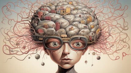 abstract illustration of a man with a brain overflowing with information.