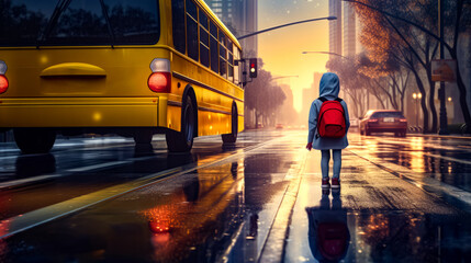 Person with red backpack is walking down the street in the rain.