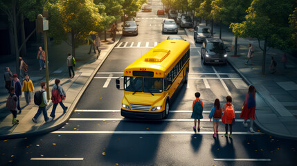 Yellow school bus driving down street next to group of people. - obrazy, fototapety, plakaty