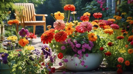 Fototapeta na wymiar a symphony of colors with a mix of marigolds, zinnias, and cosmos in a lively, outdoor garden setting.