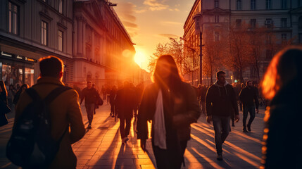 Group of people walking down street next to tall buildings at sunset.