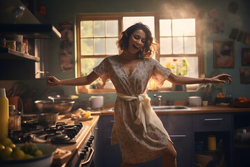 Happy woman dancing while cooking in the kitchen