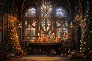 Fototapeta na wymiar Cozy Christmas interior room. Fire decor. Generate Ai