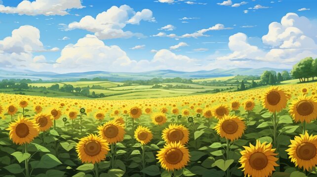 Natural blooming sunflower beautiful field sunny day wallpaper AI Generated art