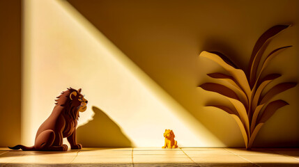 Lion and lion cub sit on the floor in front of wall.
