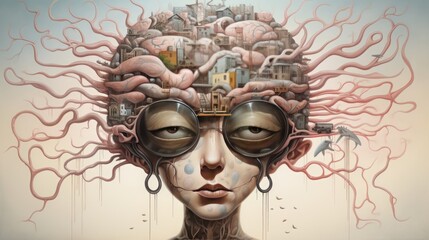 abstract illustration of a man with a brain overflowing with information.