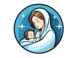 Doodle Icon of Mary and baby Jesus, cartoon sticker, sketch, vector, Illustration, minimalistic