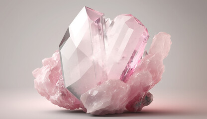 Natural rose raw pink quartz stone white background AI Generated image - obrazy, fototapety, plakaty