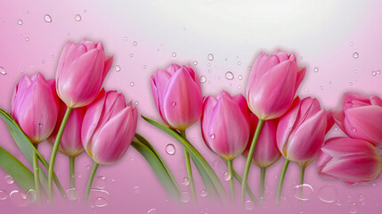 Colorful tulips with water drops on blue background. Spring flowers