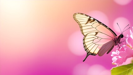 Macro of pink beautiful butterfly flying near spring leaves in fall season at sunrise on light background. Banner