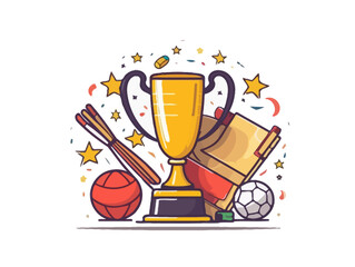Doodle Trophy with sports equipment, cartoon sticker, sketch, vector, Illustration, minimalistic