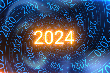 2024 yellow glowing letters on blue background. Concept of new year, annual plan, growth strategy, business planning, investment trends, opportunity, achievements and strategy road map.