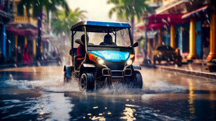 Man drives golf cart through flooded street in tropical setting.