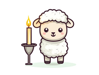 Doodle Lamb with candle, cartoon sticker, sketch, vector, Illustration, minimalistic