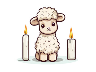 Doodle Lamb with candle, cartoon sticker, sketch, vector, Illustration, minimalistic