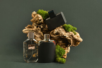 Different bottles of perfume and tree bark on black background