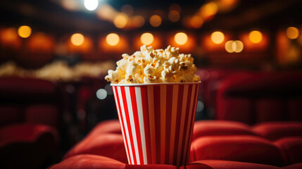 a striped red and white bucket of popcorn stands against the backdrop of a cinema hall, movie, food, day off, snack, fun, entertainment, pack, corn, fast food, film, cafe, lights, treat, bag, party - obrazy, fototapety, plakaty