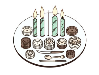 Doodle Passover candle and Seder plate, cartoon sticker, sketch, vector, Illustration, minimalistic