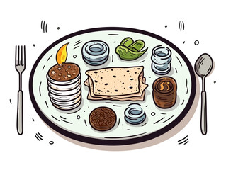 Doodle Passover candle and Seder plate, cartoon sticker, sketch, vector, Illustration, minimalistic