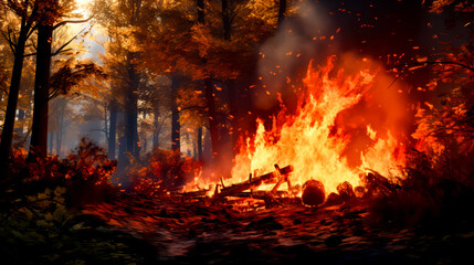 Fire burning in forest filled with lots of red and yellow flames.