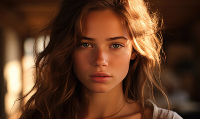 Fototapeta premium Mesmerizing Femininity: Sensual Close-Up Portrait of a Young Woman, Expressive and Graceful. Generative AI